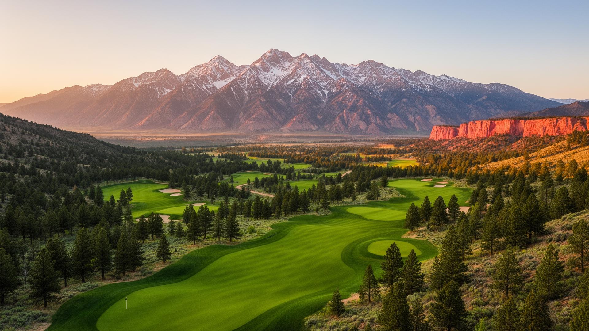 Aerial view of a lush Utah golf course at golden hour
