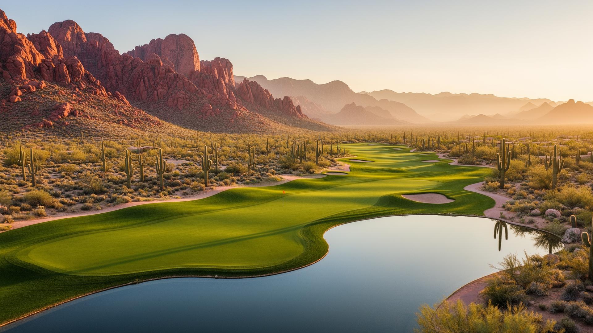 Aerial view of a desert golf course at golden hour